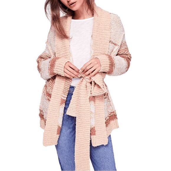 Free People Cozy Cabin Chunky Knit Boho Ivory Peach Cardigan Sweater Oversized X - Picture 9 of 10